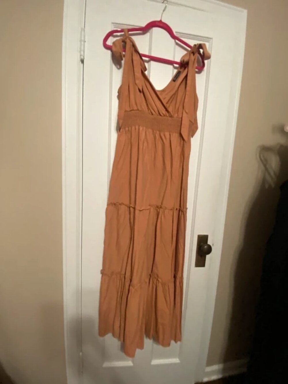 Womens size large brown khaki pretty garden tie strap maxi dress